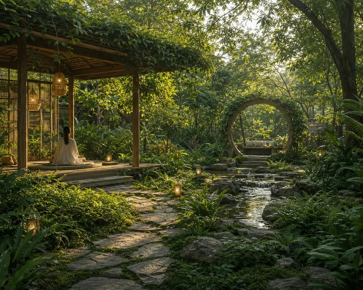 Peaceful eco-spiritual garden with natural pathways, meditation spaces, water features, and sustainable landscape design promoting wellness and harmony with nature.